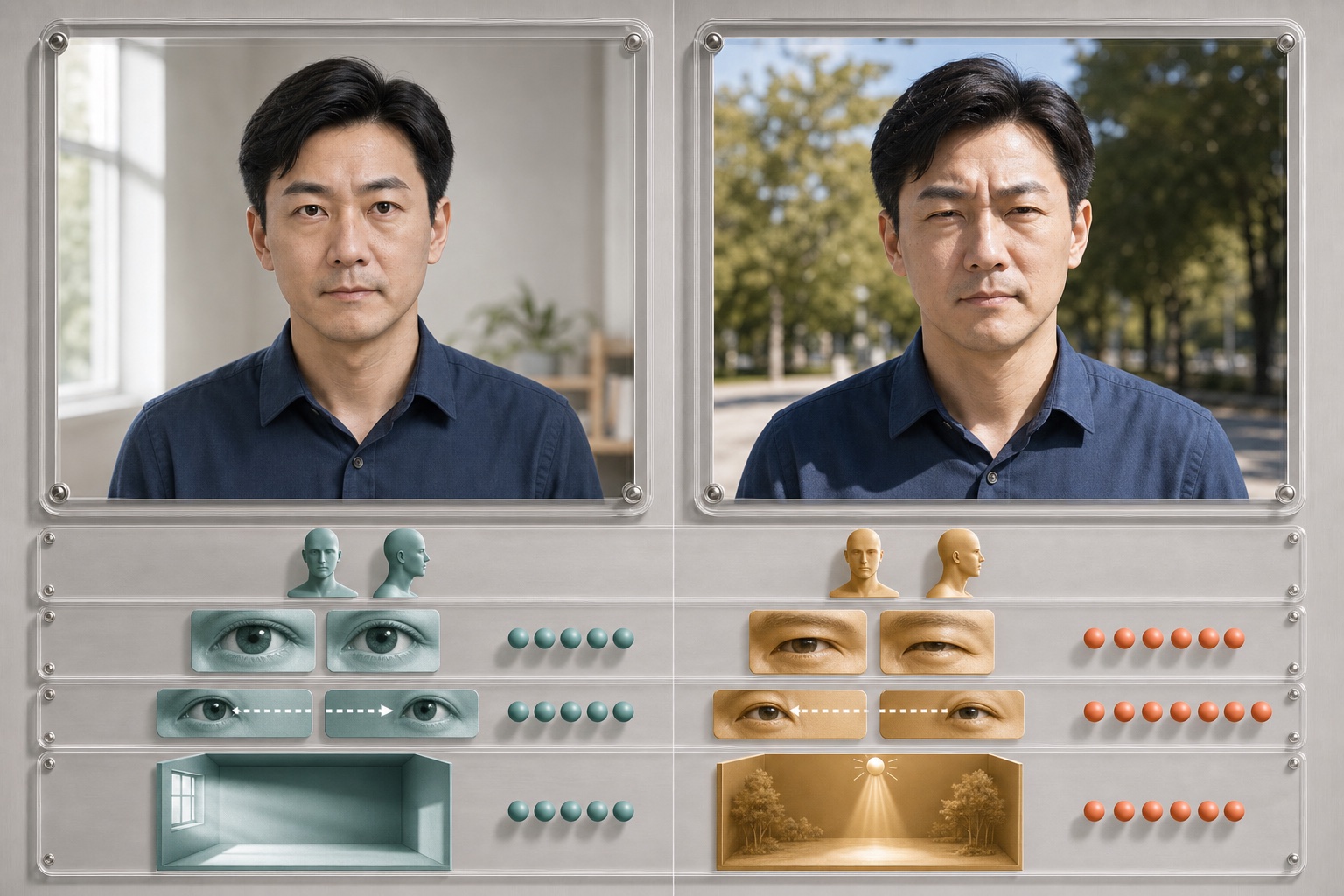 同一人物室内柔光平视与户外顶光迎光直视时眉眼状态对比
