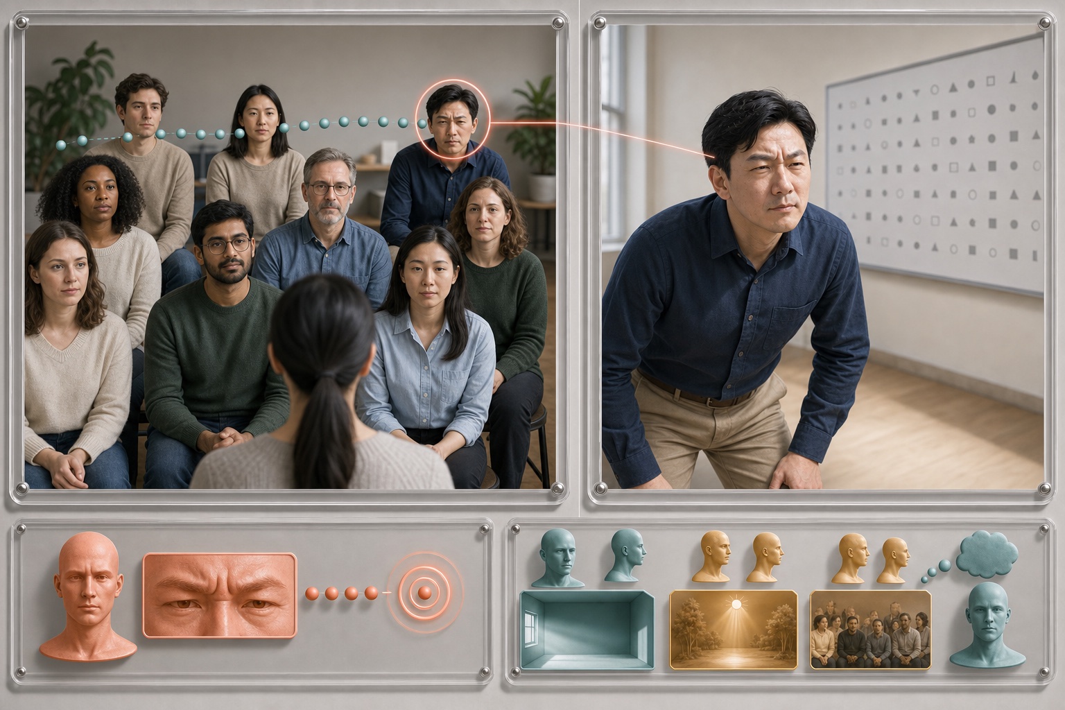 人群中一张紧眉脸先吸引注意而完整画面显示本人正在读远处小字