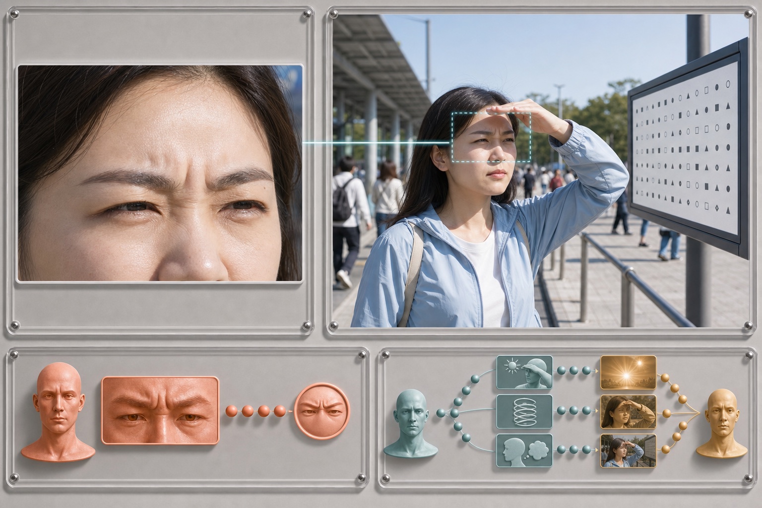 同一面部只露收紧眉眼时像愤怒而完整脸与场景显示强光下辨认