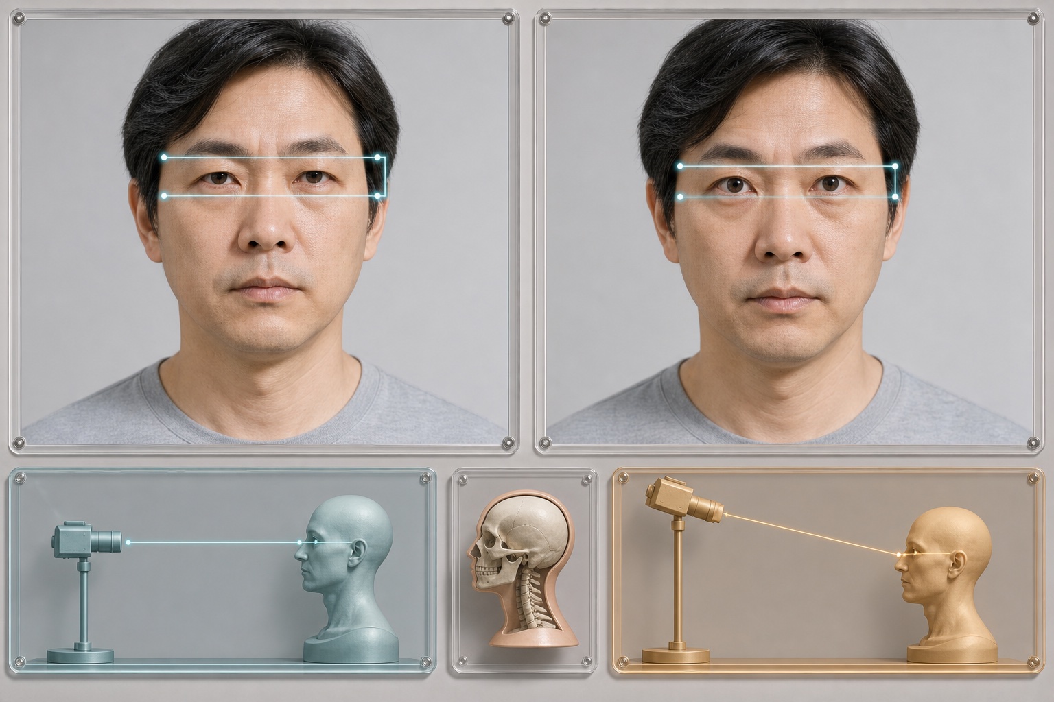 同一人物平视长焦与略高机位抬眼照片产生假眉眼距离差异