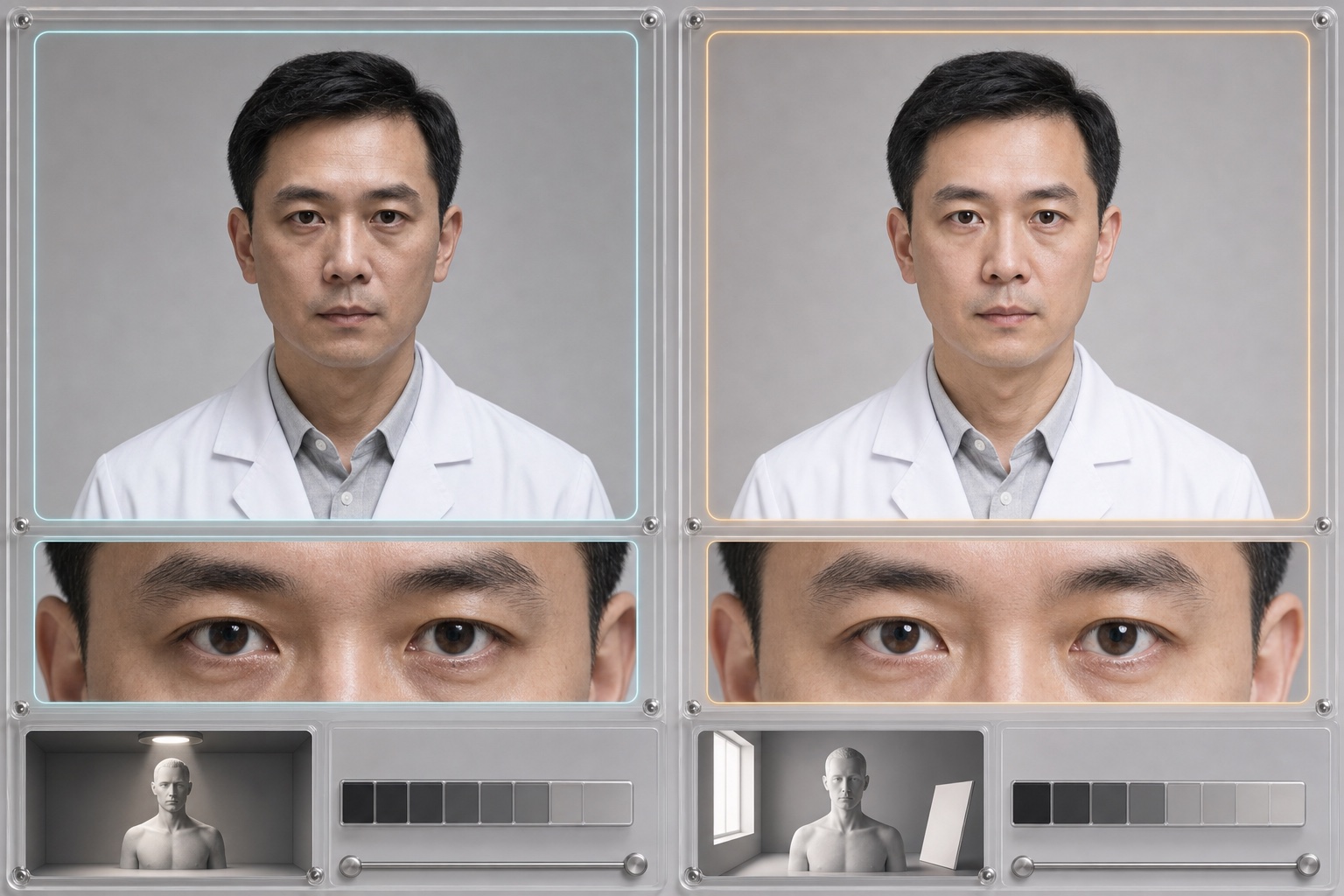 同一肖像只改变顶光与窗边柔光后眼窝阴影和严肃感的对比