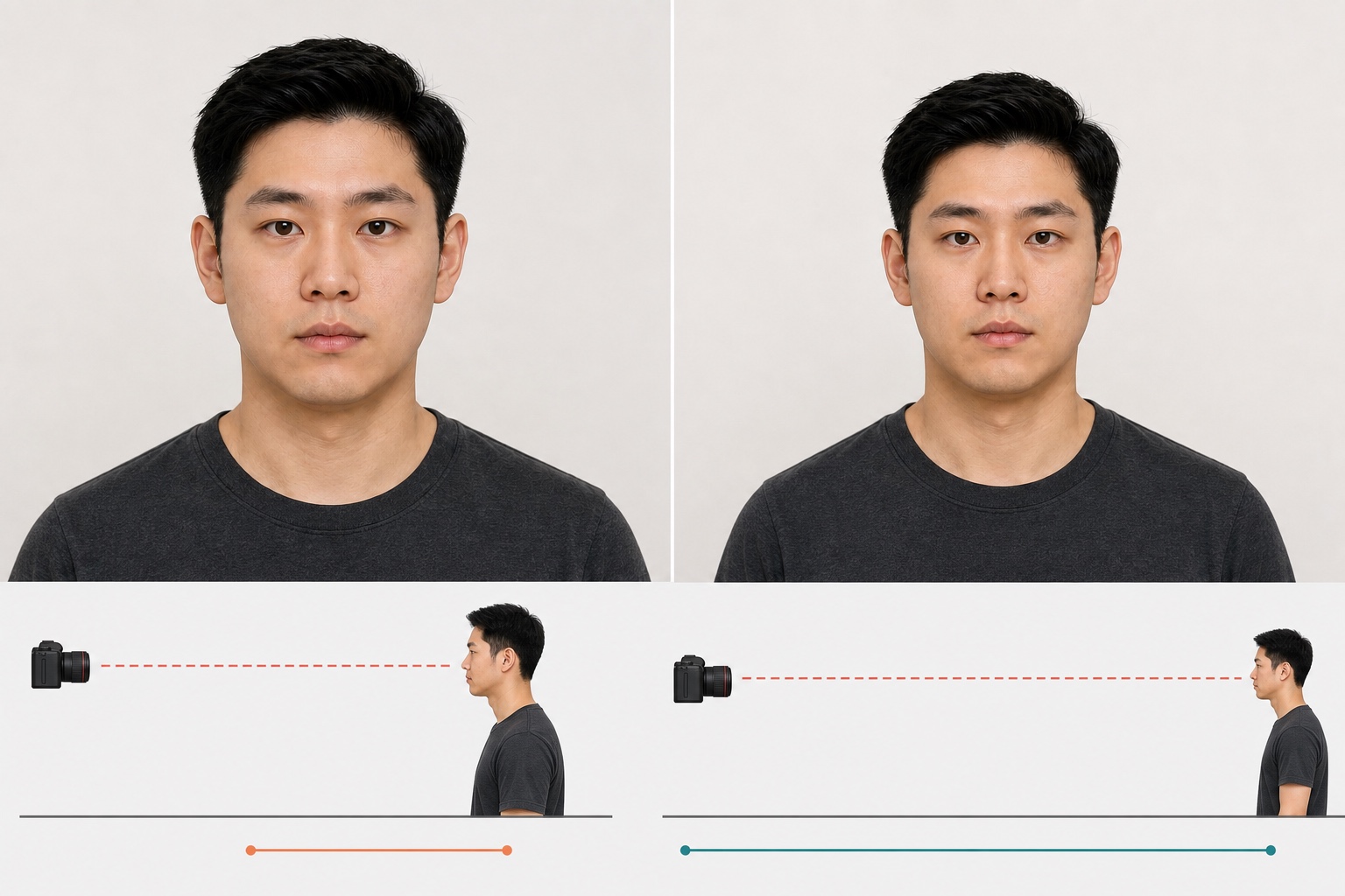同一焦段近拍与后退后裁切到相同脸部尺寸的对照
