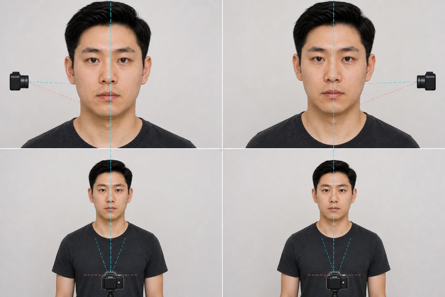 同一轻微不对称面孔近距偏轴自拍与远距正中照