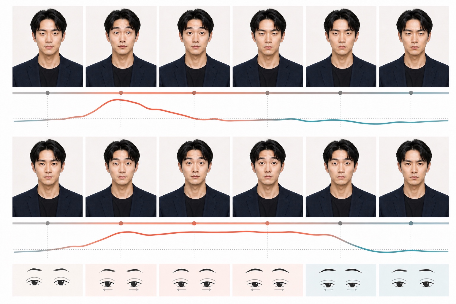 短促眉闪与持续高眉的两组三帧时序对照