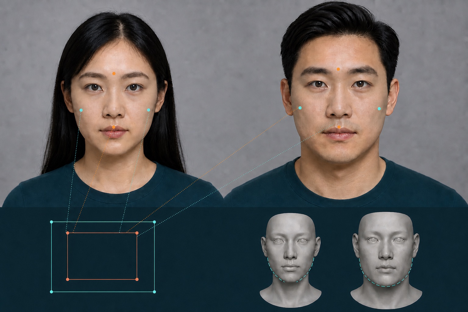 两位面部实际宽高不同的人得到相同上脸宽高比的几何对照