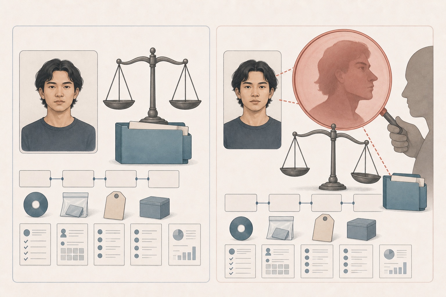 司法证据称量与外貌偏见滤镜的并列对照图