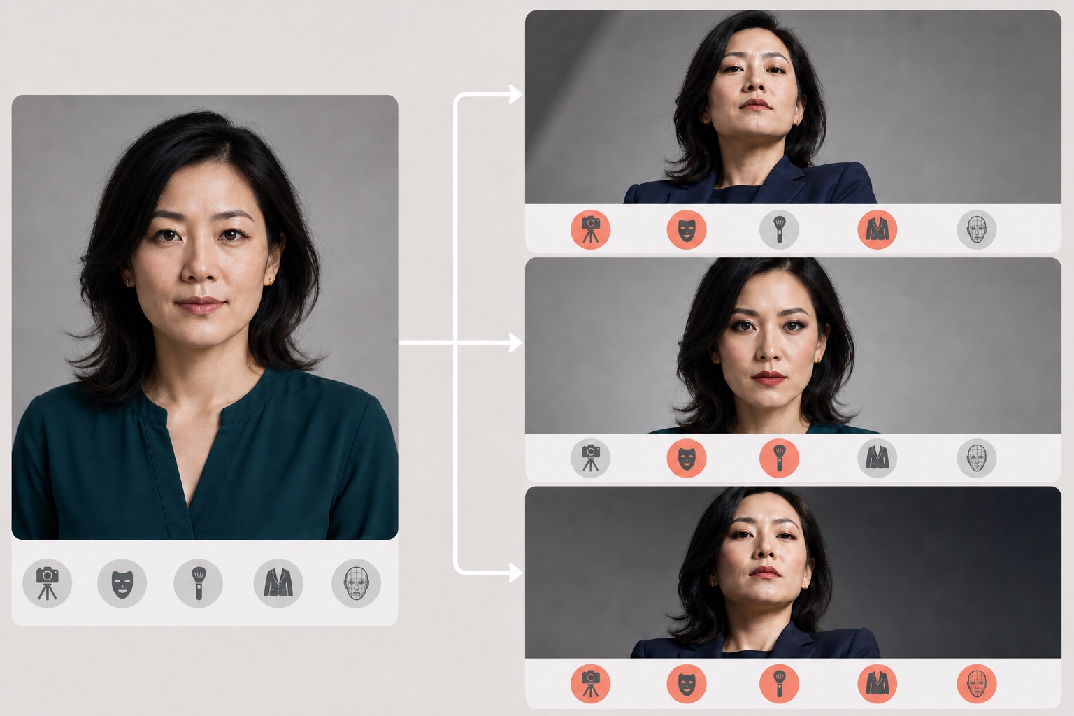 同一女性高管源肖像与同时改变多项性别化领导原型变量的生成头像对照