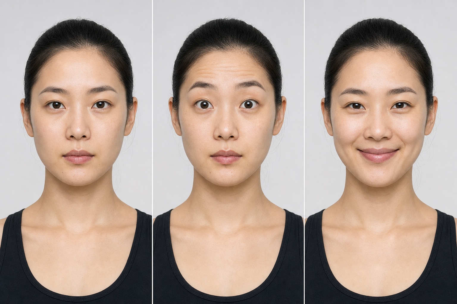 同一人物静息抬眉和微笑时可见上庭眼裂与口宽变化的三帧对照