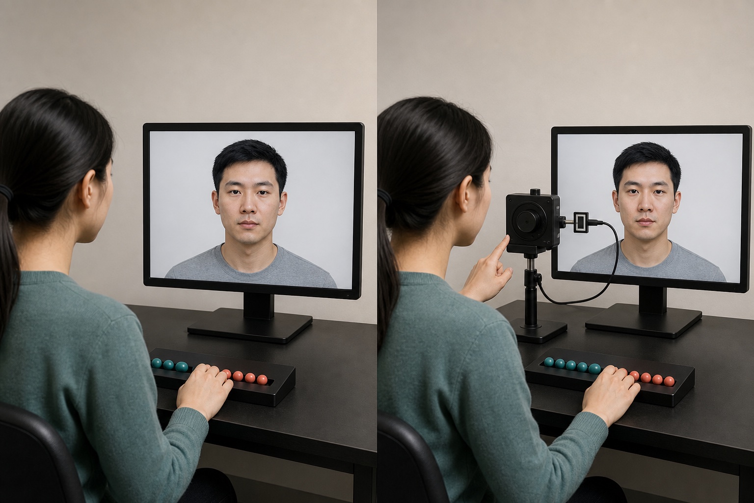 两组观看同一清晰面孔但只有一组看见画质增强来源提示