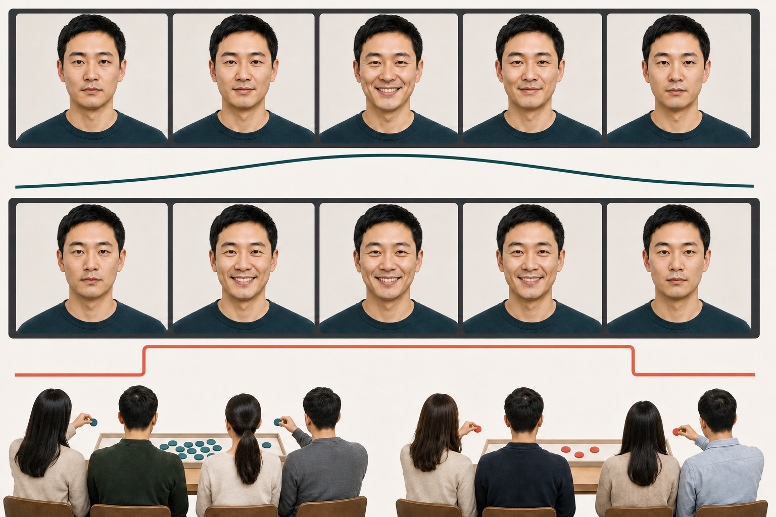 同一人的笑容在渐进出现自然回落与突然达到峰值僵硬停留两种时间轨迹中的对照