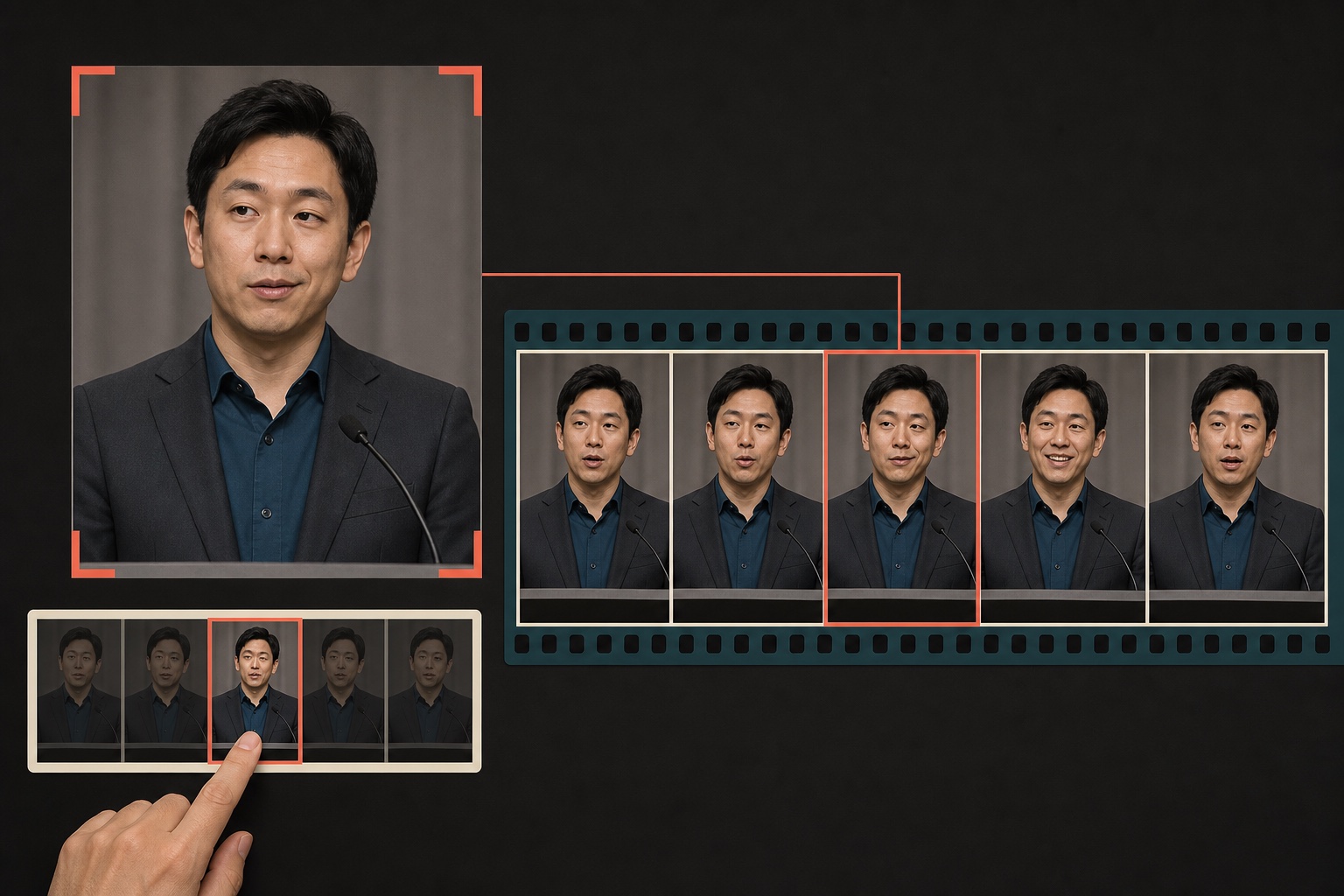 同一演讲者普通笑容序列被单独挑出唇眼不同步过渡帧与完整视频上下文的对照