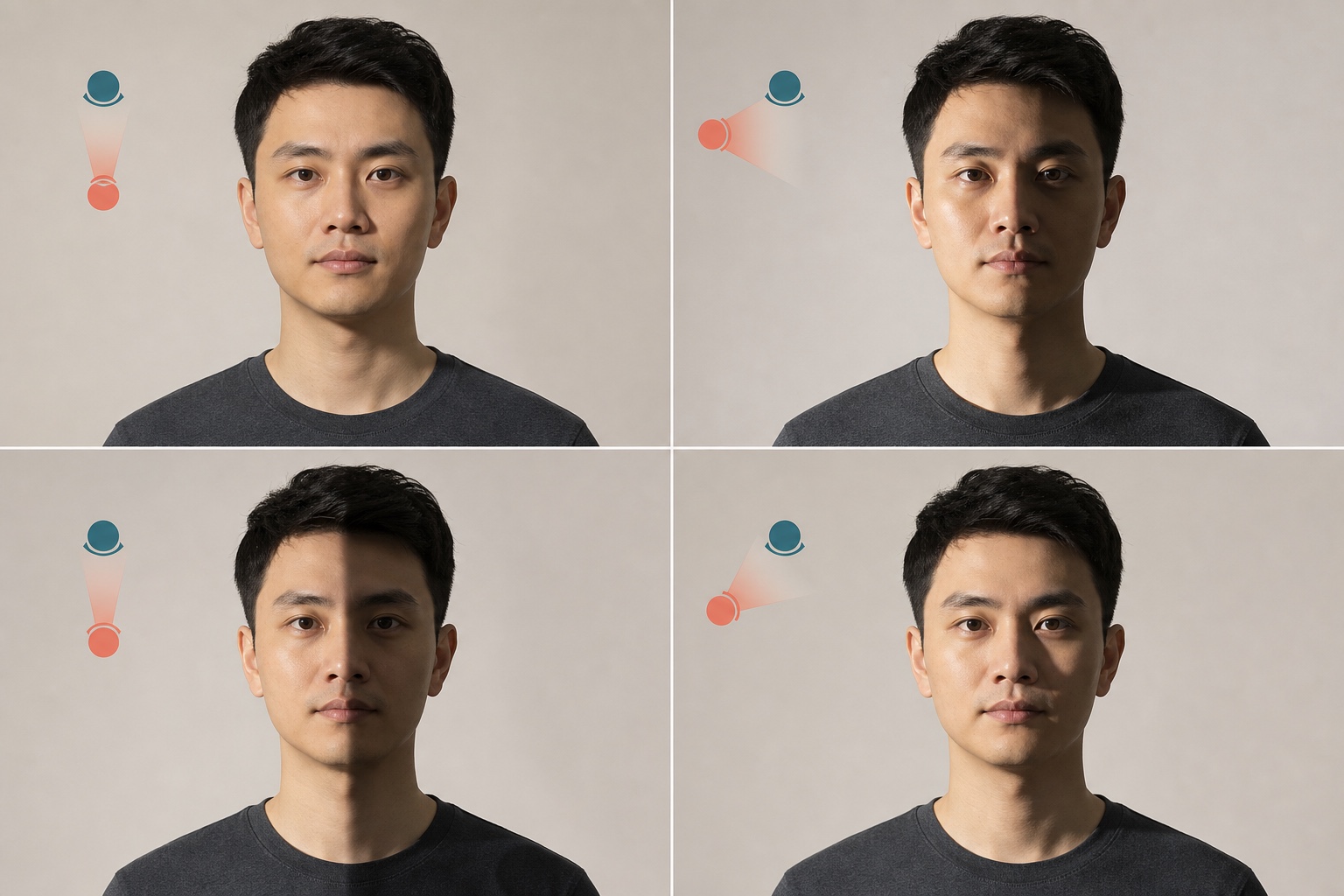 同一人物平光侧光分割光与三角面光的四栏对照