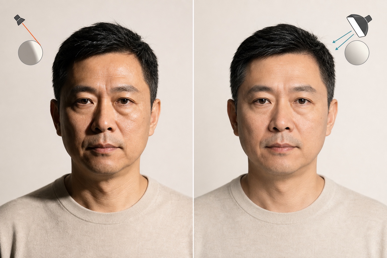 同一人物小侧光与大柔光下皮肤纹理和年龄观感对照