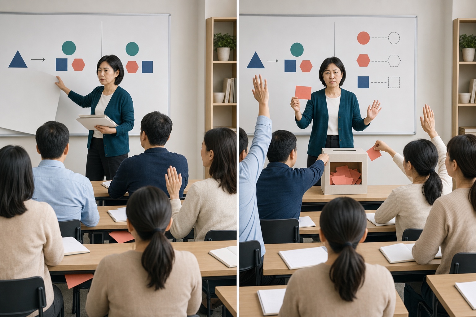 同一严肃脸老师在没有提问入口与设置停顿匿名入口后的学生参与对照