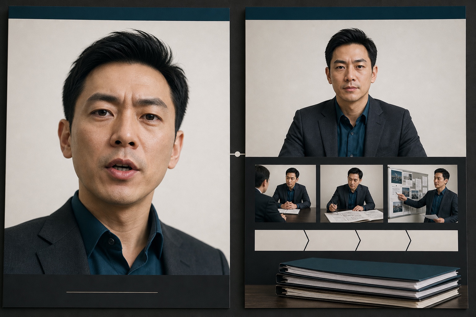 同一律师低机位紧裁瞬时收眉照与眼平自然中性并保留案例信息的页面对照
