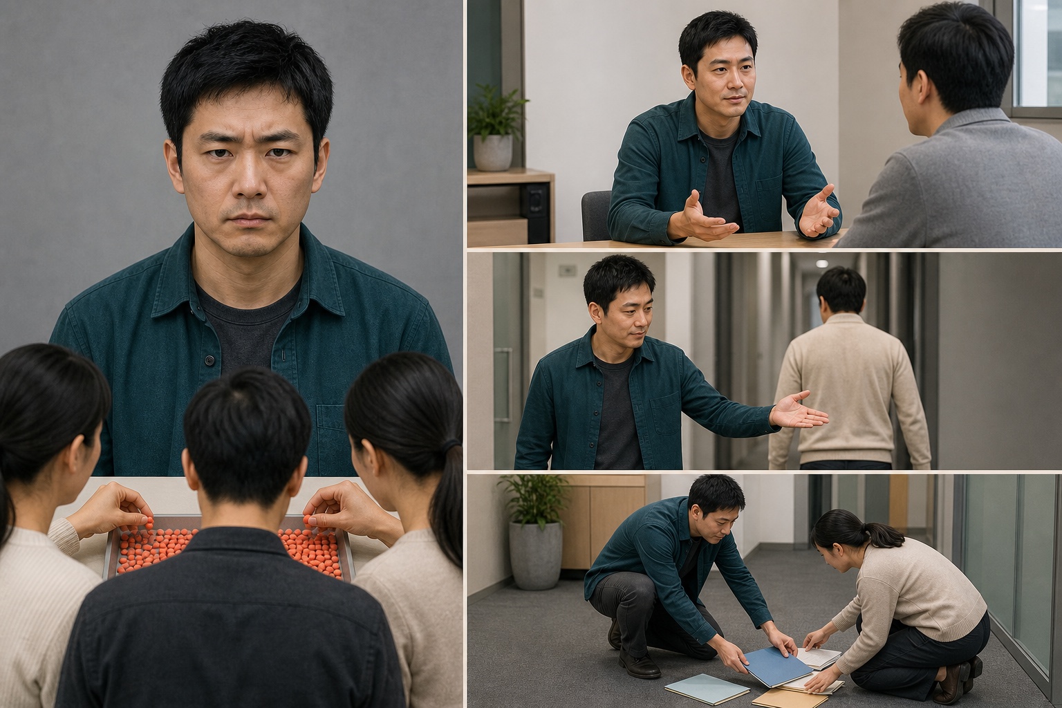 同一男性眉部收紧的静态照片与后续多场平静互动行为的对照