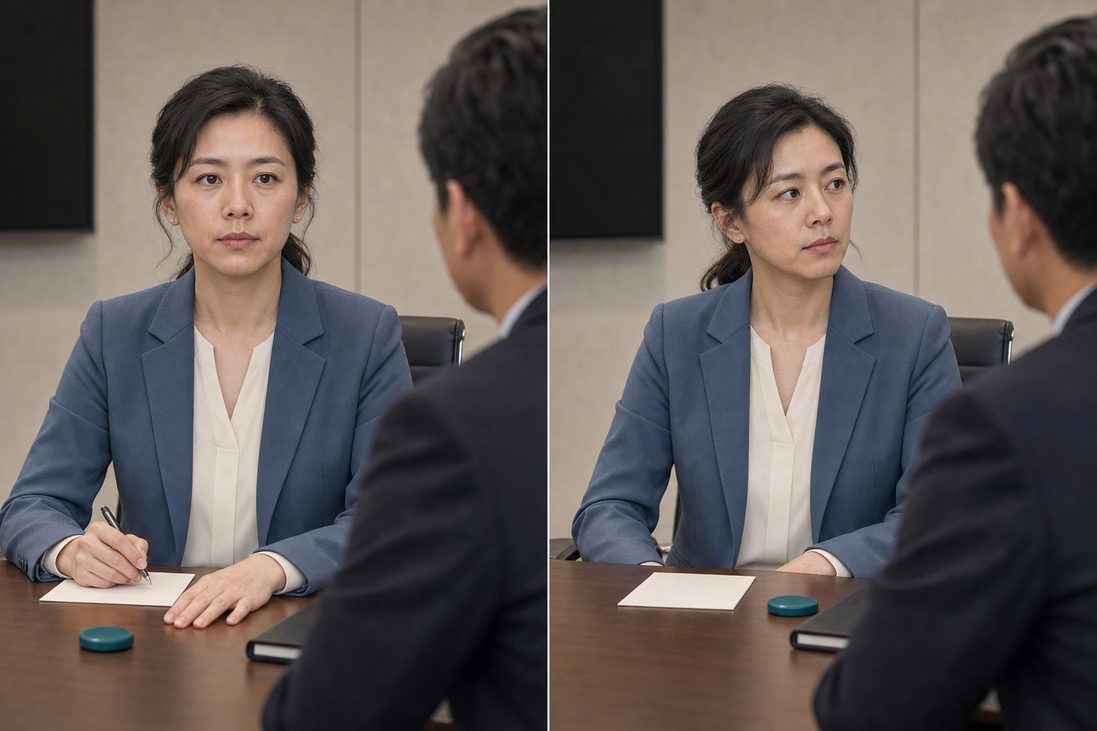 同一人物正面直视与侧转倾听两帧带来的主导感差异